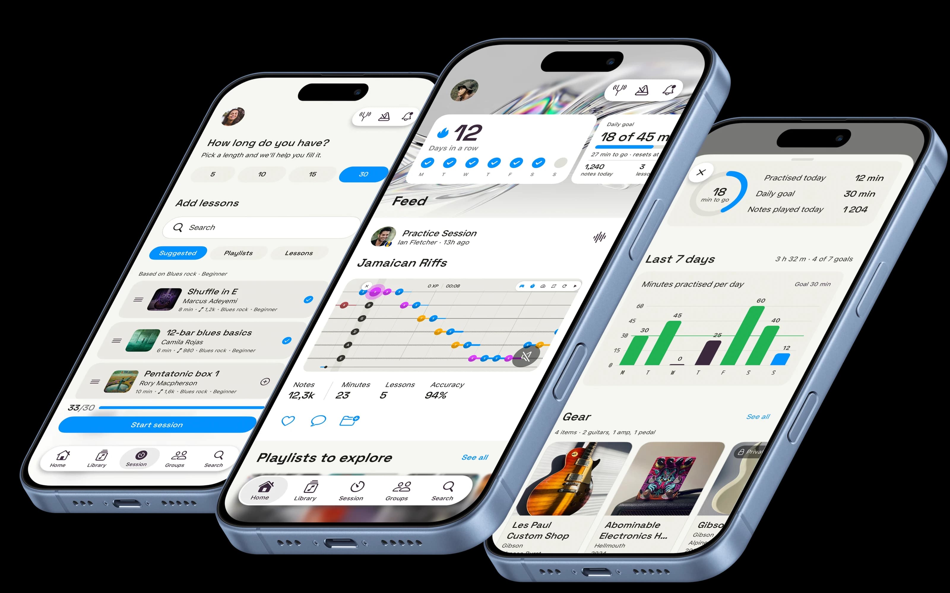 Three phones running xRoads: building a practice session, a friend's session in the feed, and a week of practice stats