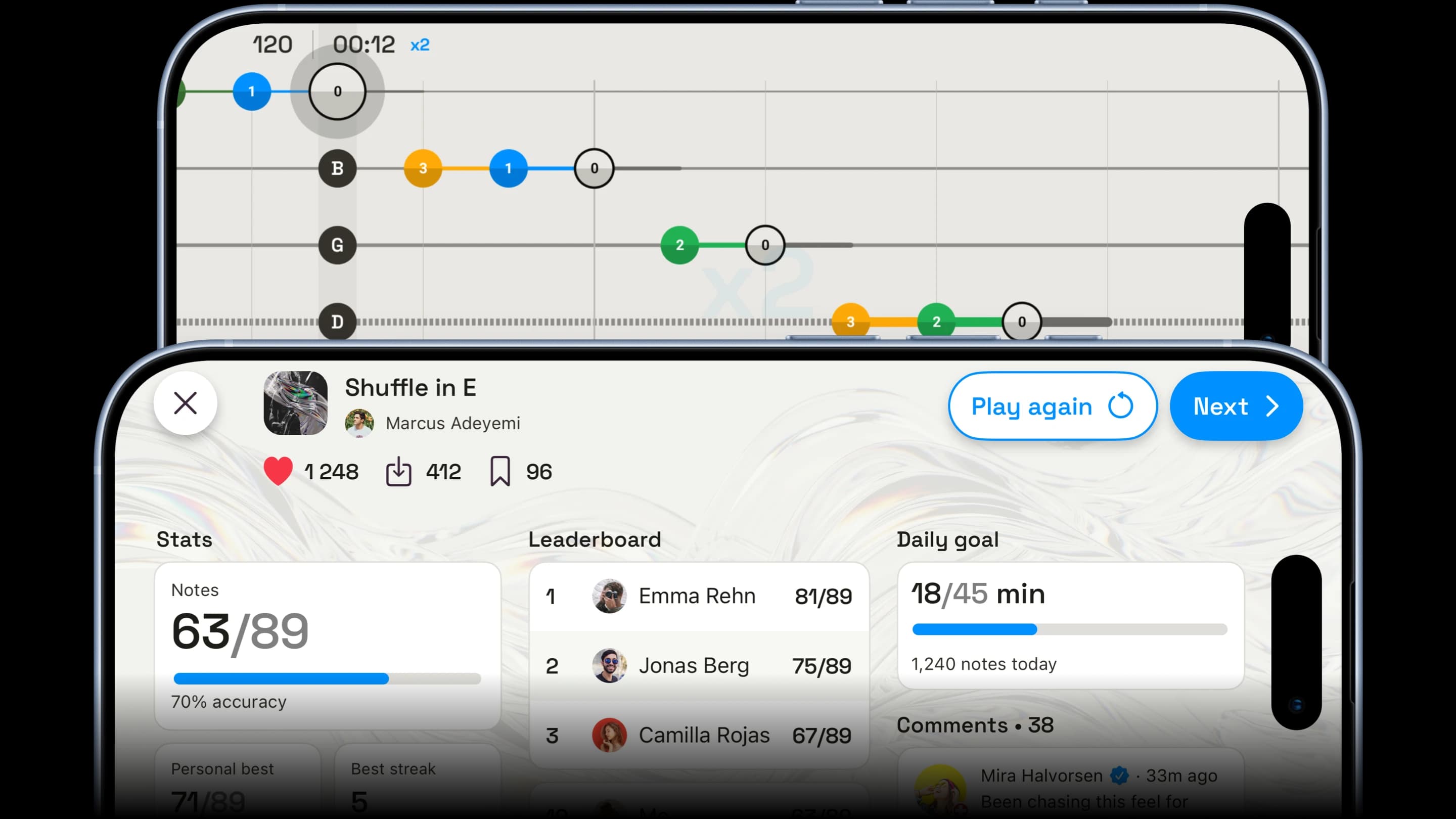 xRoads result screen after a run through Shuffle in E: 63 of 89 notes, 70% accuracy, with the leaderboard and daily goal