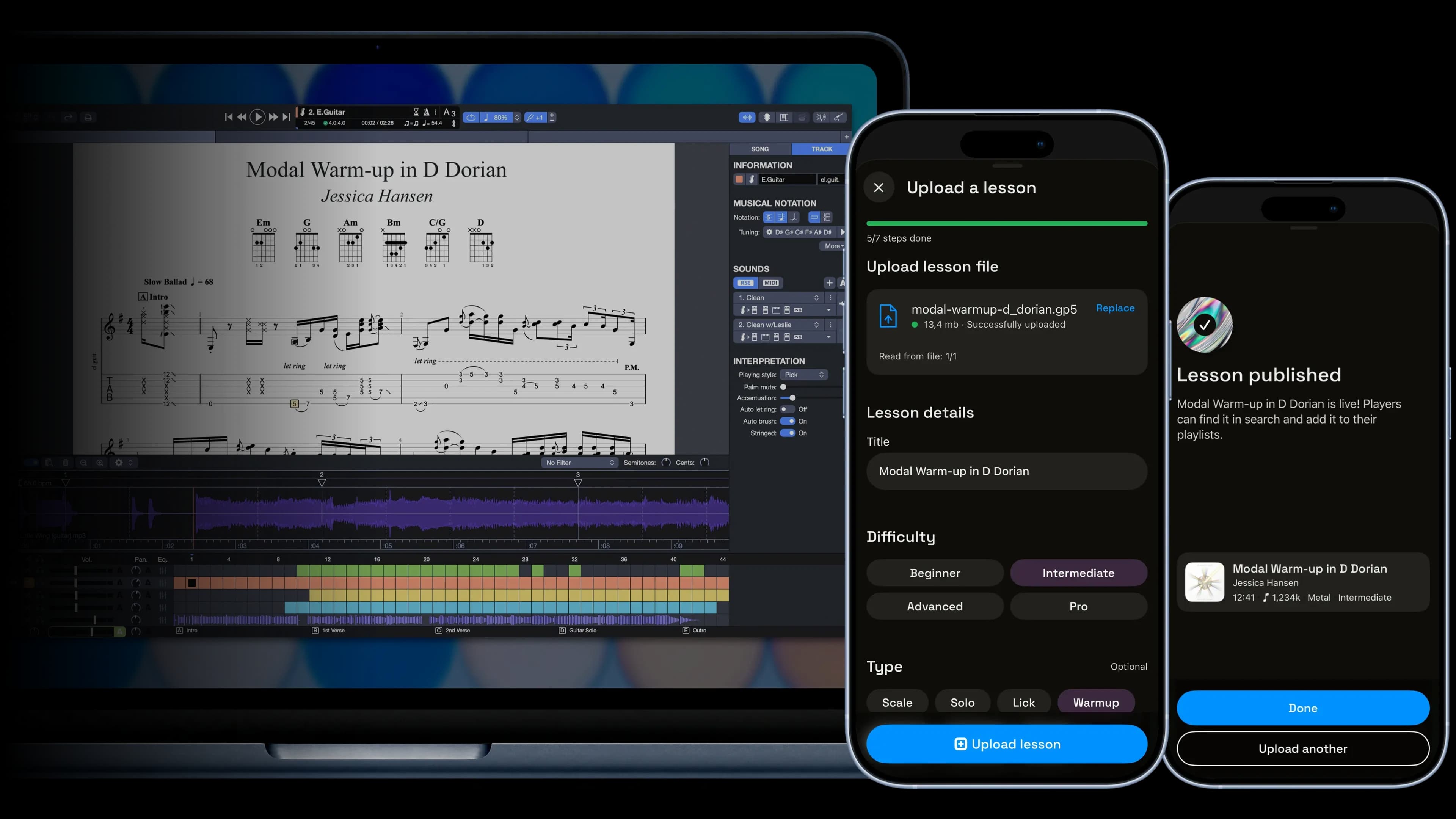 A tab open in Guitar Pro on a laptop, beside the xRoads upload flow on a phone: lesson file, details and difficulty, then published