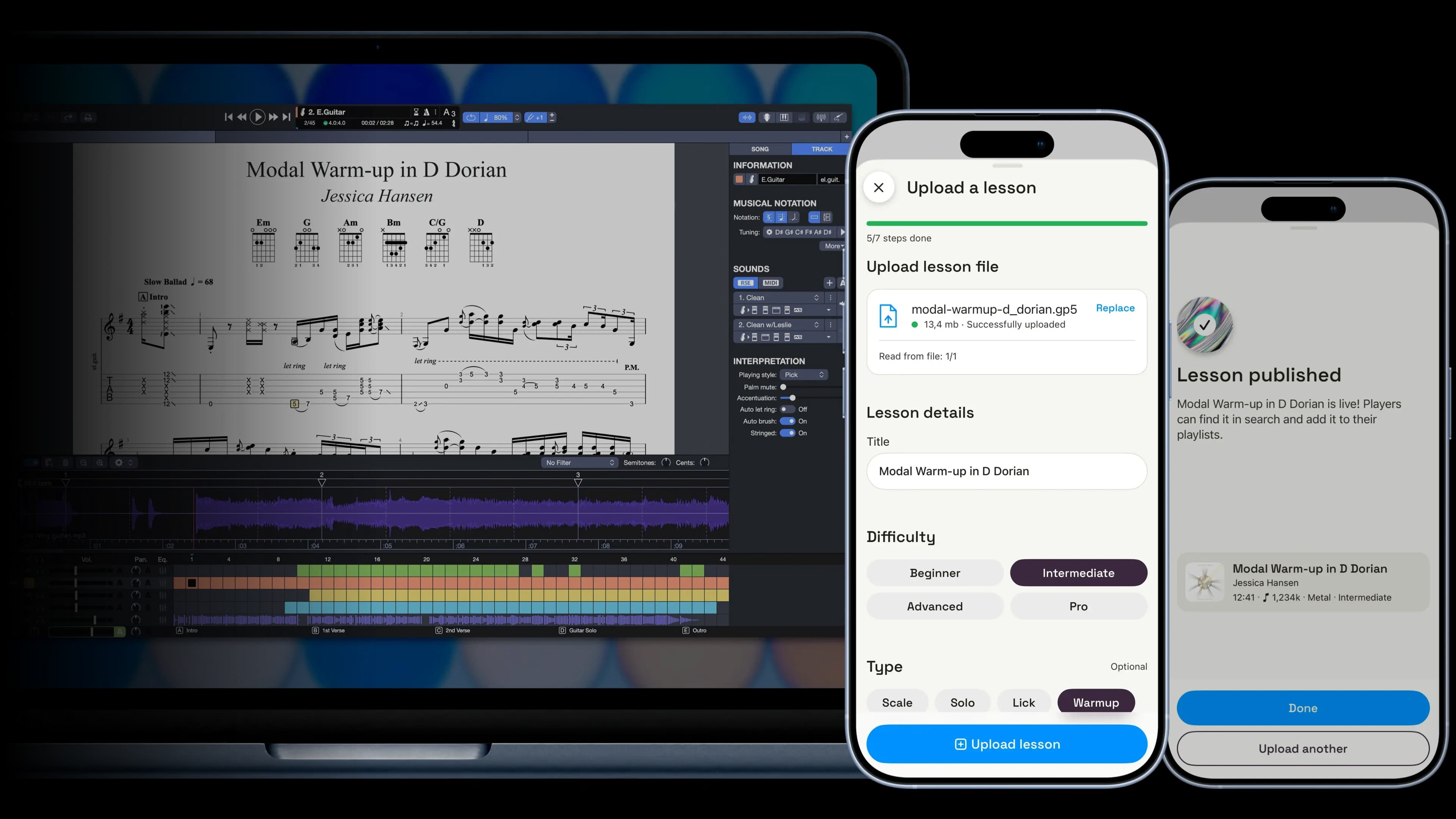A tab open in Guitar Pro on a laptop, beside the xRoads upload flow on a phone: lesson file, details and difficulty, then published